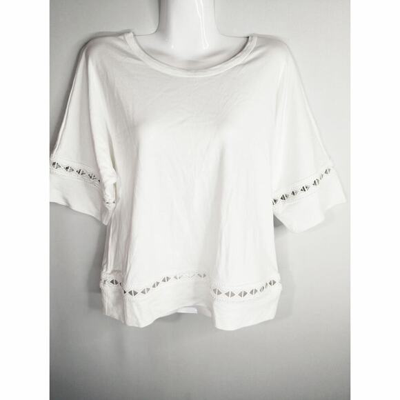 Chico's White Knit Lace Trim Tee Soft Cotton Relaxed Fit Top Womens Small NWT - Picture 3 of 10